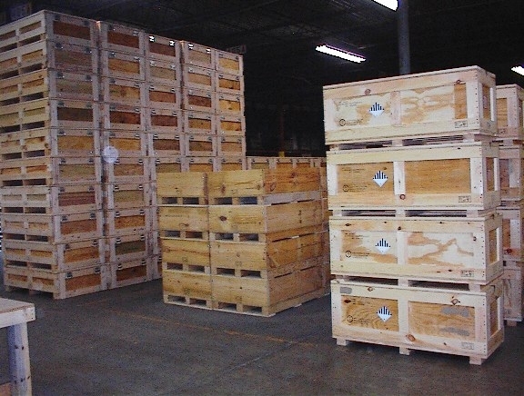 stacked wooden crates in a warehouse