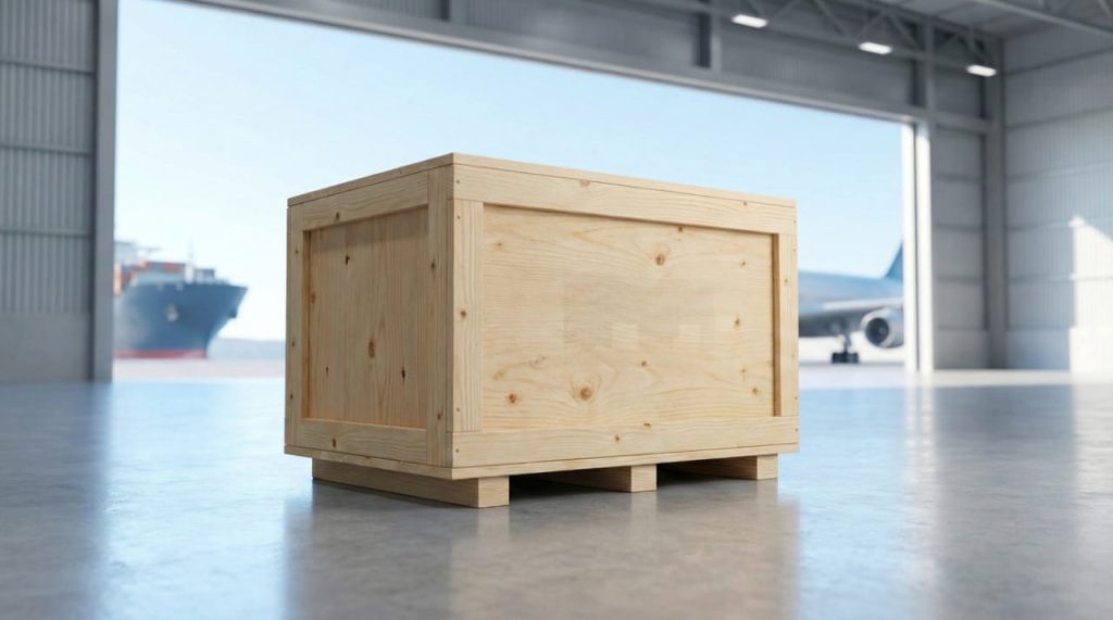A heavy-duty HT-certified wooden shipping crate with a clear ISPM-15 mark, ready for international wood packaging regulation compliance in a global logistics terminal.