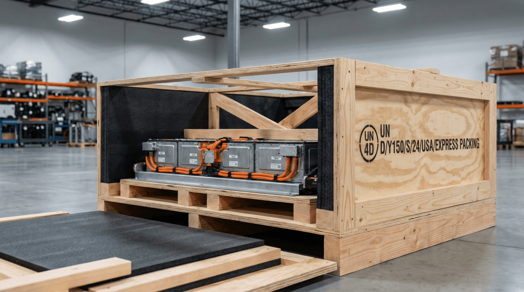 A custom-engineered UN-certified wood crate by Express Packing, designed for lithium battery shipping compliance, featuring internal bracing to prevent thermal runaway.