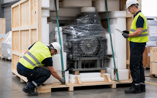 Two industrial workers inspect and secure a plastic-wrapped machine inside a wooden shipping crate with foam cushioning and heavy-duty straps.